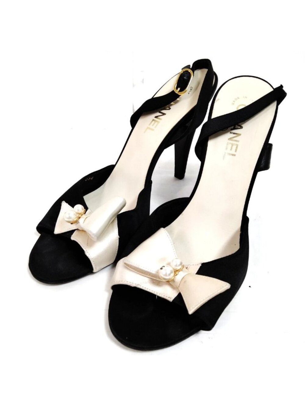 Chanel Satin Bow Heels Pearl CC Slingback Sandals Black Ivory Size 40C